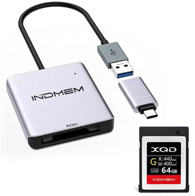 INDMEM 64GB XQD Memory Card w/ USB 3.0 Reader F/ Nikon D850/Z6//Panasonic S1/S1R