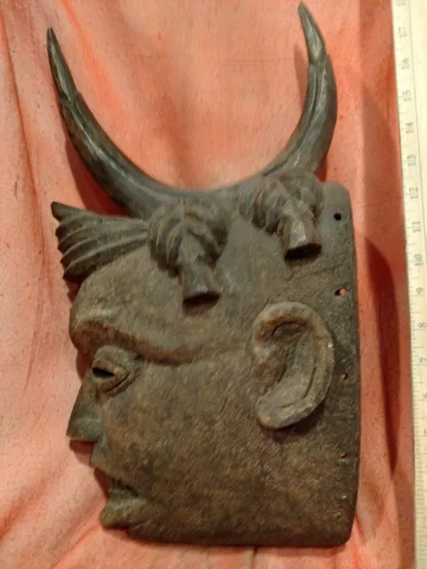 Heavy Horned Mask with Excellent Carved Details — Authentic Wood African Art