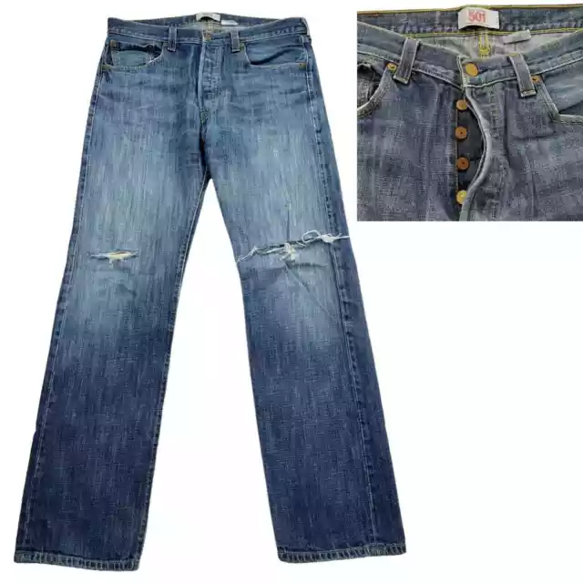 Vintage Levis 501 Straight Leg Jeans 33 x 32 Men Light Blue Button Fly Destroyed