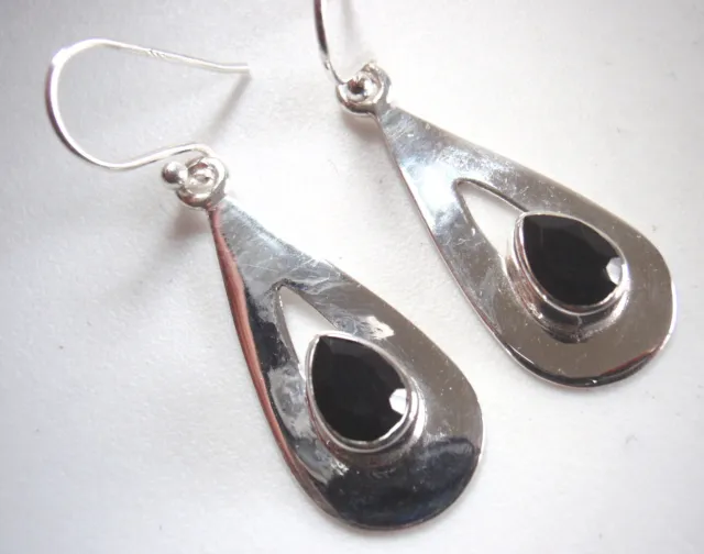 Faceted Black Onyx 925 Sterling Silver Dangle Pear Shaped Earrings