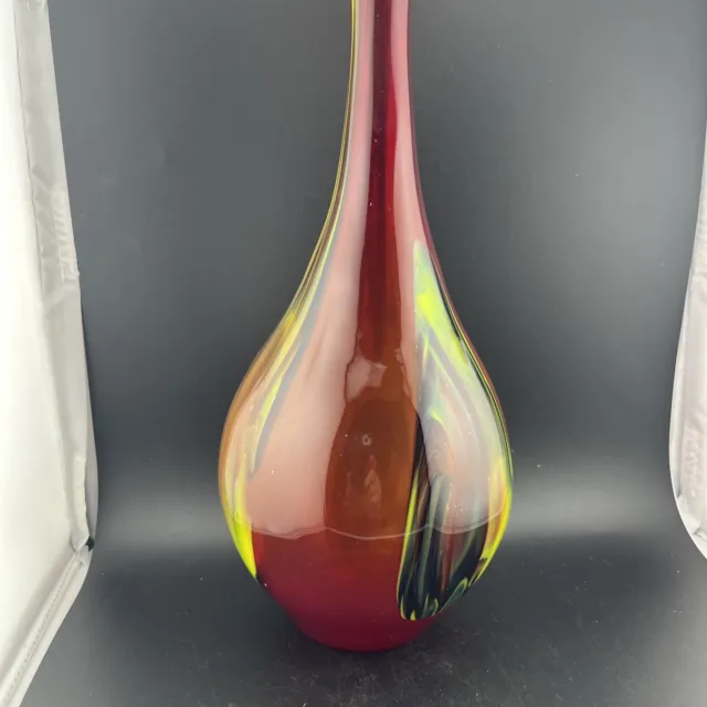 Murano Style Hand Blown Red Tall Neck Vase With Bands of Colored Glass 14” Tall 3