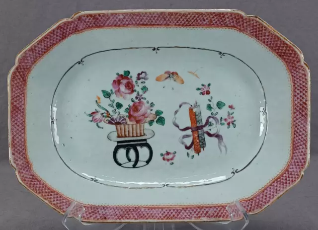18th Century Chinese Export Hand Painted Pink Roses Scrolls 11 1/4 Inch Platter