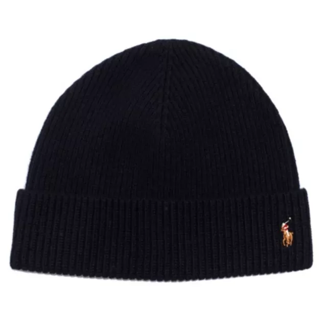 Ralph Lauren Uomo Cuffia con Pony lana colore nero cappello con risvolto