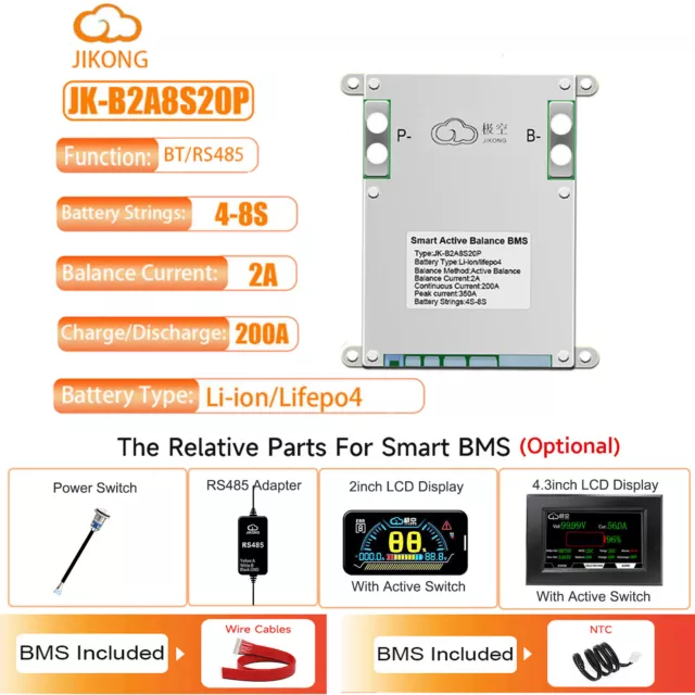 JK SMART BMS 4S-8S 200A LiFePo4 Li-ion Battery 2A Active Balance BT /RS485/LCD