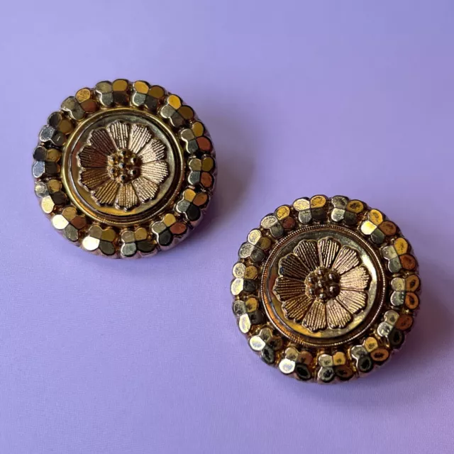 Pair of vintage black glass buttons with gold lustre - beautiful ornate design