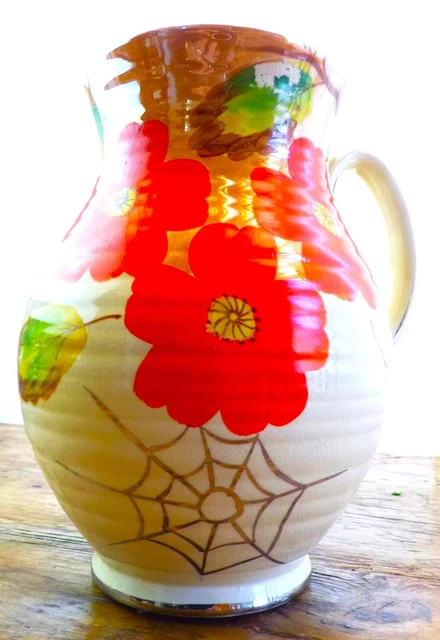 Vintage Arthur Wood Vase Jug Silver Spider Web Orange Flowers Art Deco Nouveau