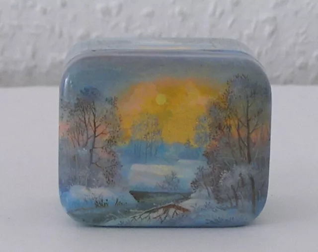 Russische Lackmalerei! Lackdose mit WINTERLANDSCHAFT Handgemalt, signiert!!