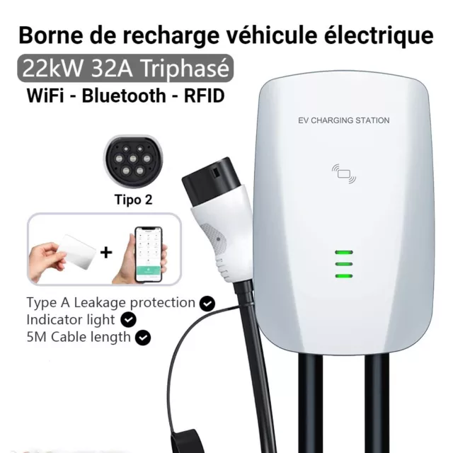 Wallbox Borne de recharge – 22kW AC 32A Triphasé - Bluetooth & WiFi - Type 2 -5m