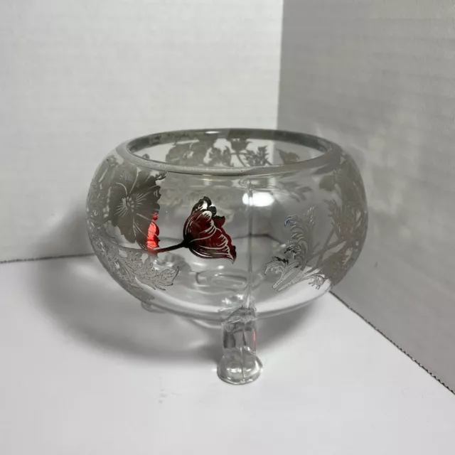 Silver City Flanders Poppy sterling overlay 3 footed clear glass bowl Vintage