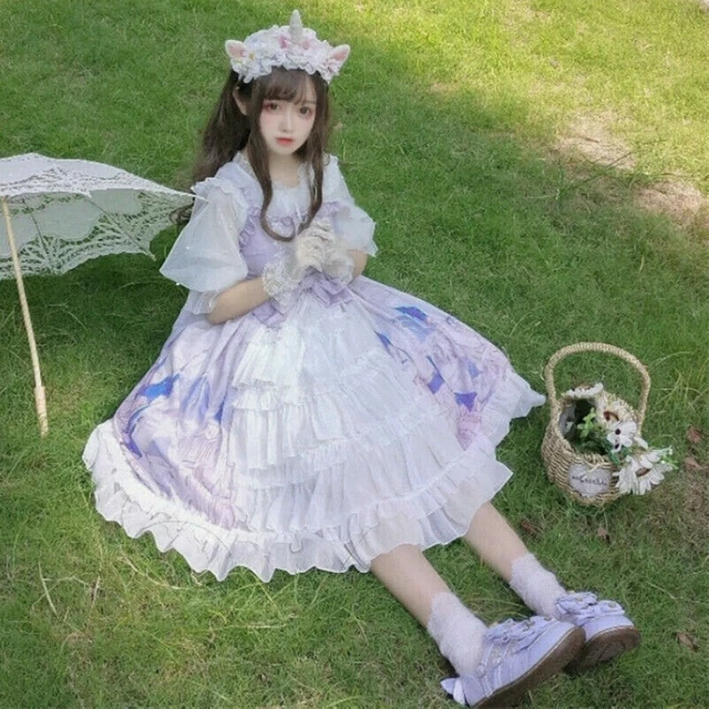 Donna Ragazza Ruffles Lolita Abito Pizzo con Spalline Kawaii Carino Jsk Rétro