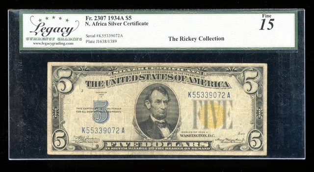 DBR 1934-A $5 Silver North Africa Fr. 2307 Legacy 15 Serial K55339072A