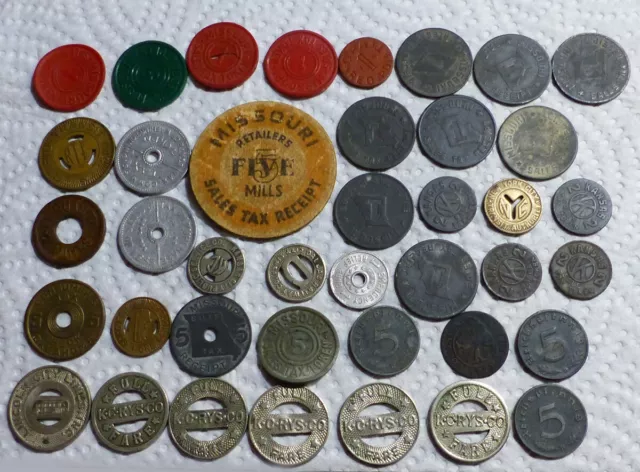 Lot of 40 Vintage Tax Tokens Bus Tokens Street Car Tokens More
