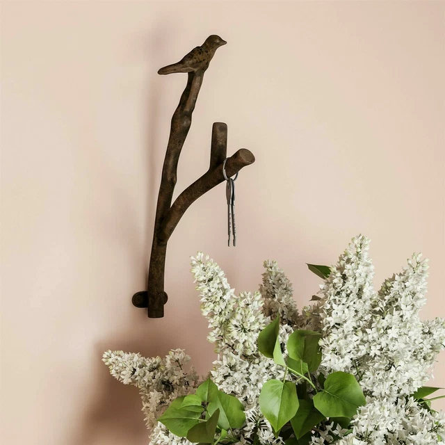 Cast Iron Rustic Metal Bird and Tree Branch Hook for Wall Decor Anchor Screws