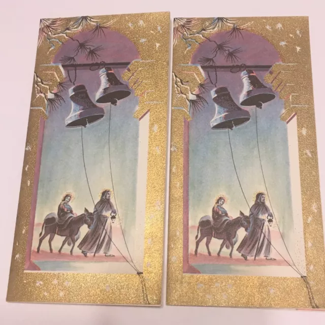 2 RARE Vintage Gold Unused CHRISTMAS CARDS Shiny Accents Mary Joseph Baby Jesus