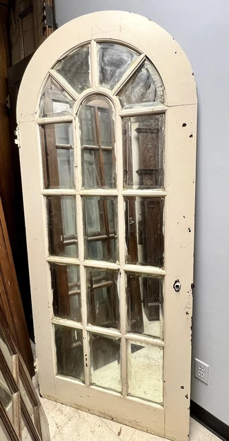Antique Oak arched Entry door w/ beveled Mirror glass On One Side 80.5 X 34” 2