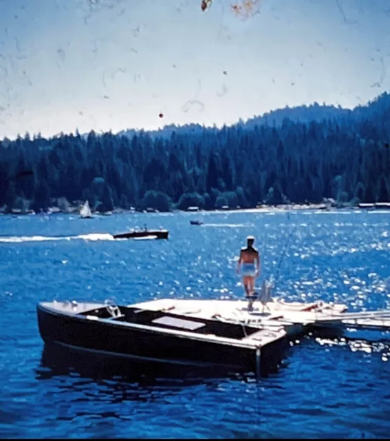3-D Stereo REALIST Slide Photo 1955 LAKE ARROWHEAD Vintage MOTOR BOAT on WATER
