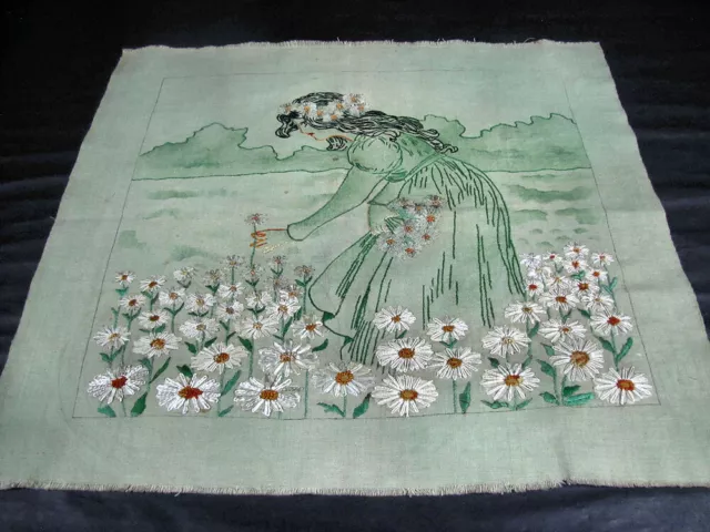 Hand Embroidered 23" Green Linen Girl Field of Daisies Arts & Crafts