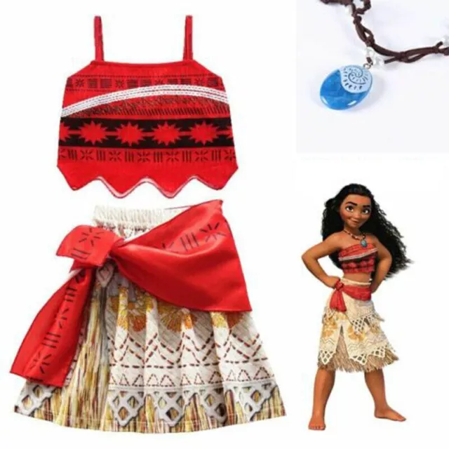 Kids Girls Moana Costume Hawaiian Princess Party Fancy Cosplay Dress&Necklace