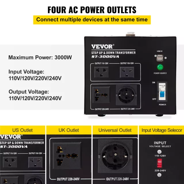 VEVOR 3000W Spannungswandler Transformator 220/240V⇋110/120V Transformer Wandler 3