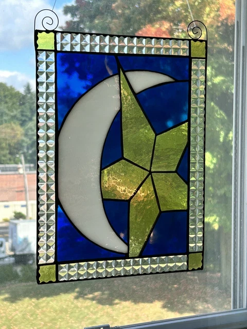 Stained Glass Moon And Star Window Panel Handcrafted USA