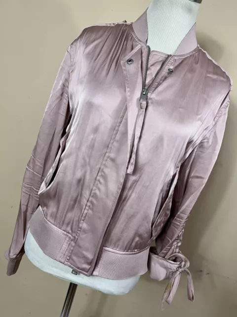 All Saints Ellis Bomber XS Jacket Pink Mauve Satin Zip Up Zipper Pockets H6M