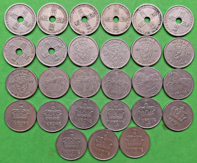 Lot of 27 Different Old Norway 1 Krone Coins 1925-1988 Vintage World Foreign !!