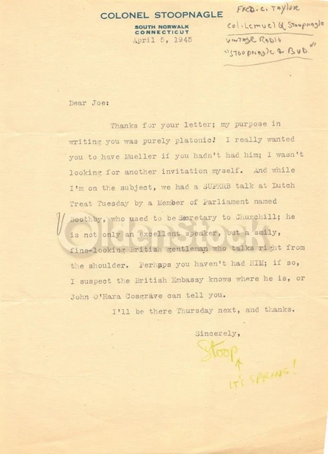 Colonel Stoopnagle Radio Satirist Comedian Autograph Signed Letter 1945