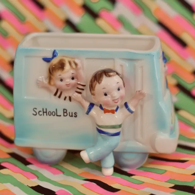 🚌 CUTE! Vintage Boy Girl School Bus Figurine Planter Napco Relpo Samson Import