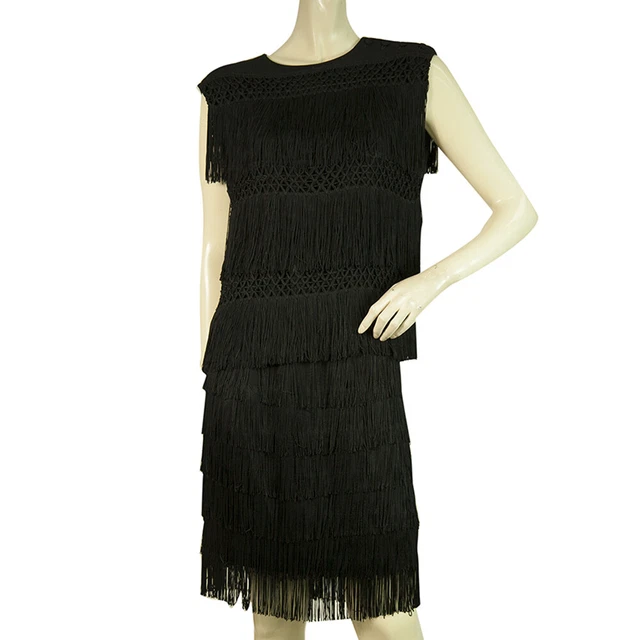 Moschino Couture Vintage Nero Frangia Top senza Maniche Gonna Set 42 44