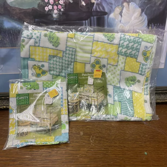 Vtg Curity Baby Fitted Crib Sheet Quilted Blanket Patchwork Pals Animals Bundle