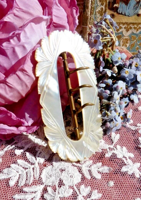 Boucle De Ceinture Ancienne En Argent Massif 925 - Citrine Et Nacre - Filigranes - Occasion
