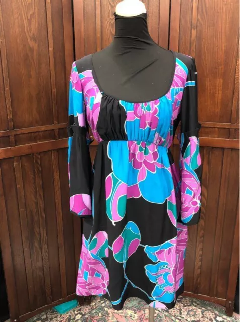 Alice & Trixie Floral Retro Style Bell Sleeve Silk Dress - Sz S