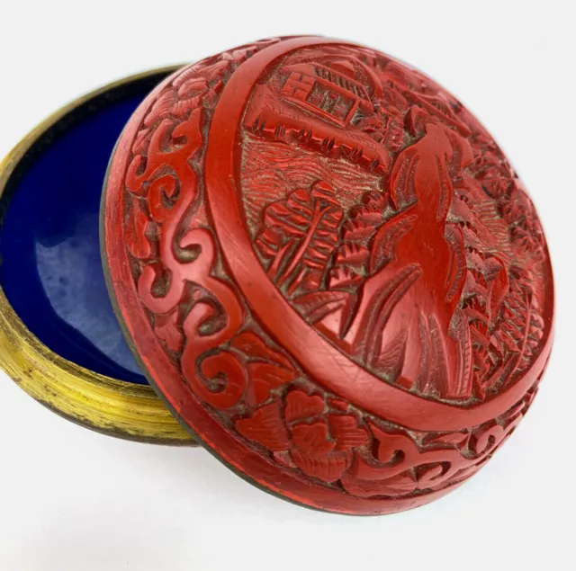 Antique Chinese Red Cinnabar Lacquer Round Box w/Rounded Lid 3"d Blue Enamel