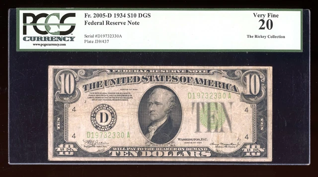 DBR 1934 $10 DGS FRN Cleveland Fr. 2005-D PCGS VF-20 Serial D19732330A