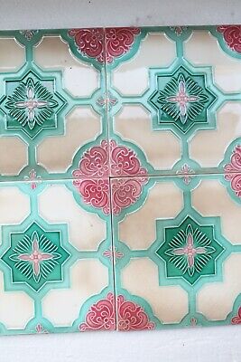 6 Pcs Old Flower Geometric Design Nouveau Art Majolica Ceramic Tile Japan NH3130 3