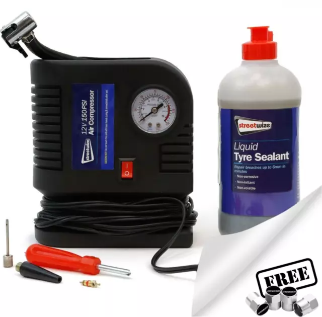 12v Car Tyre Air Compressor Pump+Flat Tyre Puncture Repair Sealant Kit SWCM48+C✅