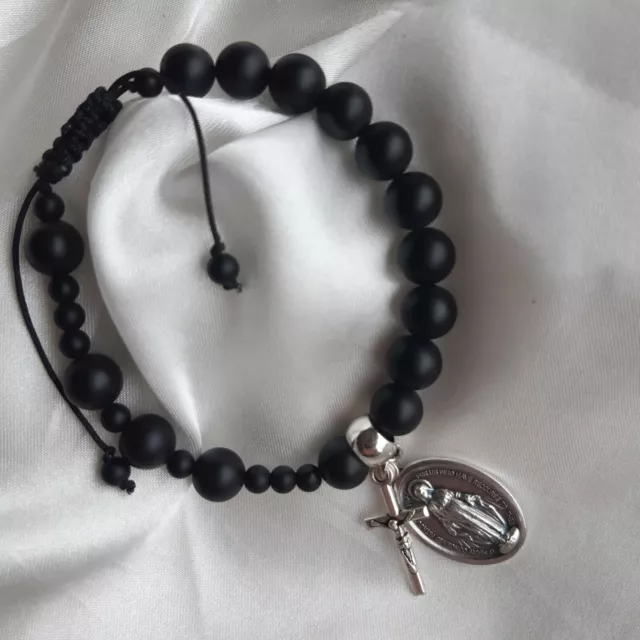 Men's matte black agate /onyx traditional Rosary bracelet with choice of saint