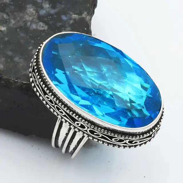 Blue Topaz Gemstone Ethnic Antique Design Ring Jewelry US Size-7.5 AR-6633