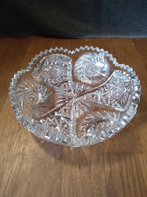 Antique ABP American Brilliant Period Cut Crystal Hobstar Fan Sawtooth Bowl 8"