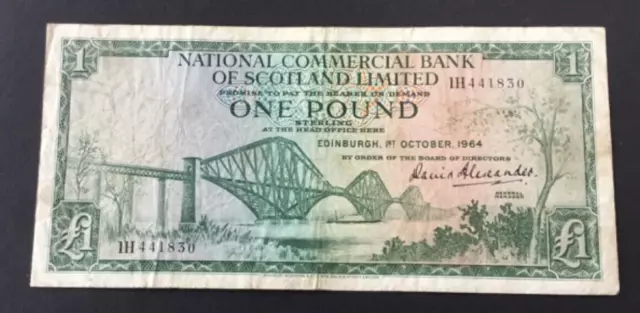 Banknote Of Scotland One Pound. National Commercial Bank Of Scotland Dated 1964.