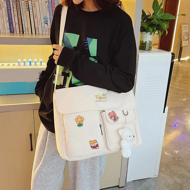 HARAJUKU CANVAS CROSSBODY Bag Badge Girl Flap Shoulder Bag (Beige White