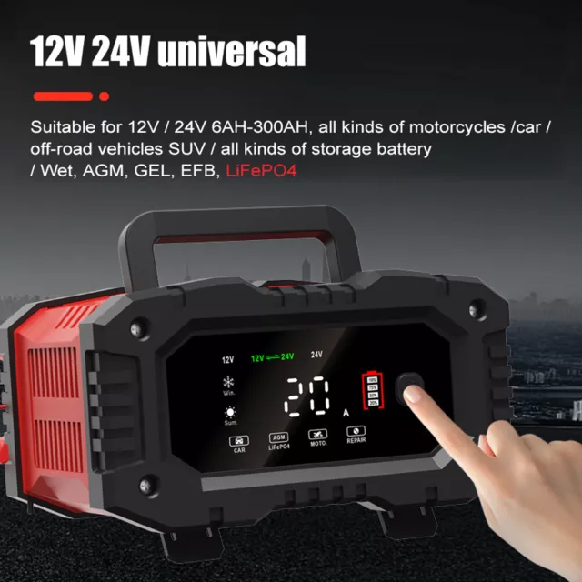 12V/24V Car Battery Charger 20A/10A 300W 7 Level for Car Motorcycle AGM GEL WET 2