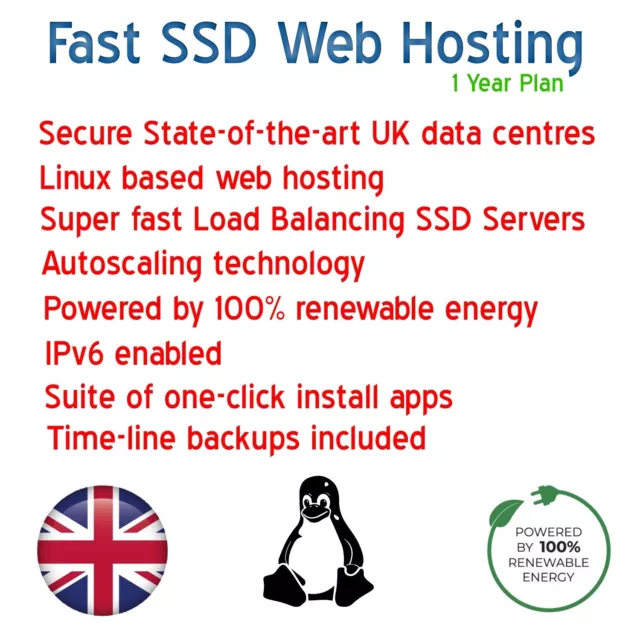 Web Hosting Unlimited UK SSD plan for 1 Domain SSL CDN Linux + Apps - 1 Year