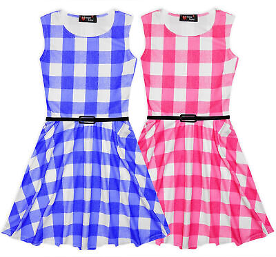 Girls Skater Dress Summer Party Dresses Holiday Girl Pink Check Age 7-13 Years
