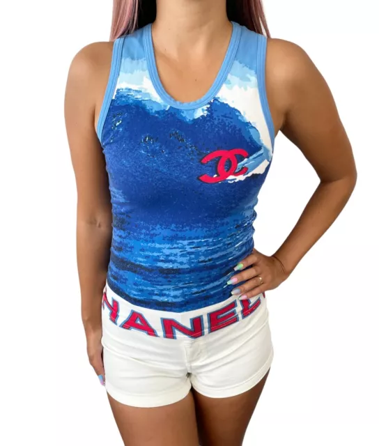 CHANEL SURF VINTAGE 02S CC Mark Logo Tank Top #40 Blue Cotton Spandex  RankAB $1,611.00 - PicClick