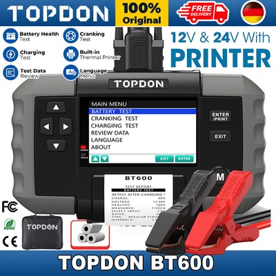 Topdon bt600 AUTO BATTERIA AUTO TESTER BATTERIA revisore assemblato con 12-24v stampante 