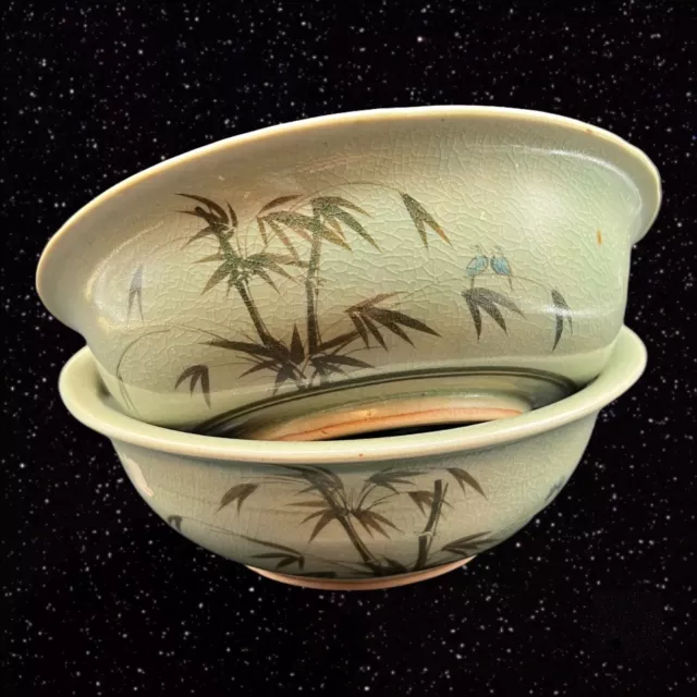 BANN CELADON CHIANG MAI Bowl Set 2 Thailand Painted Bamboo Bird Marked 7”D 2”T