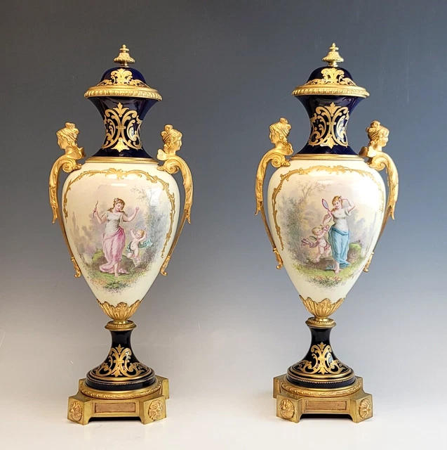Fine 19C Antique Pair French Sevres Porcelain Gilt Bronze Vases
