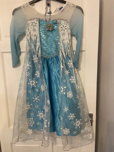 Elsa Frozen Fancy Dress Costume Dress Age 7-8 Years With Singing Broach Used