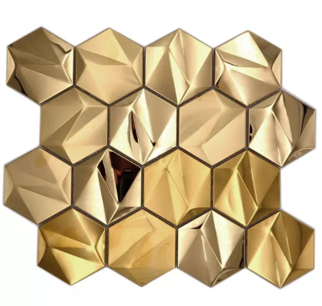 Azulejos de mosaico hexagonal de acero inoxidable 3D metal oro brillante/mate | 10 alfombras